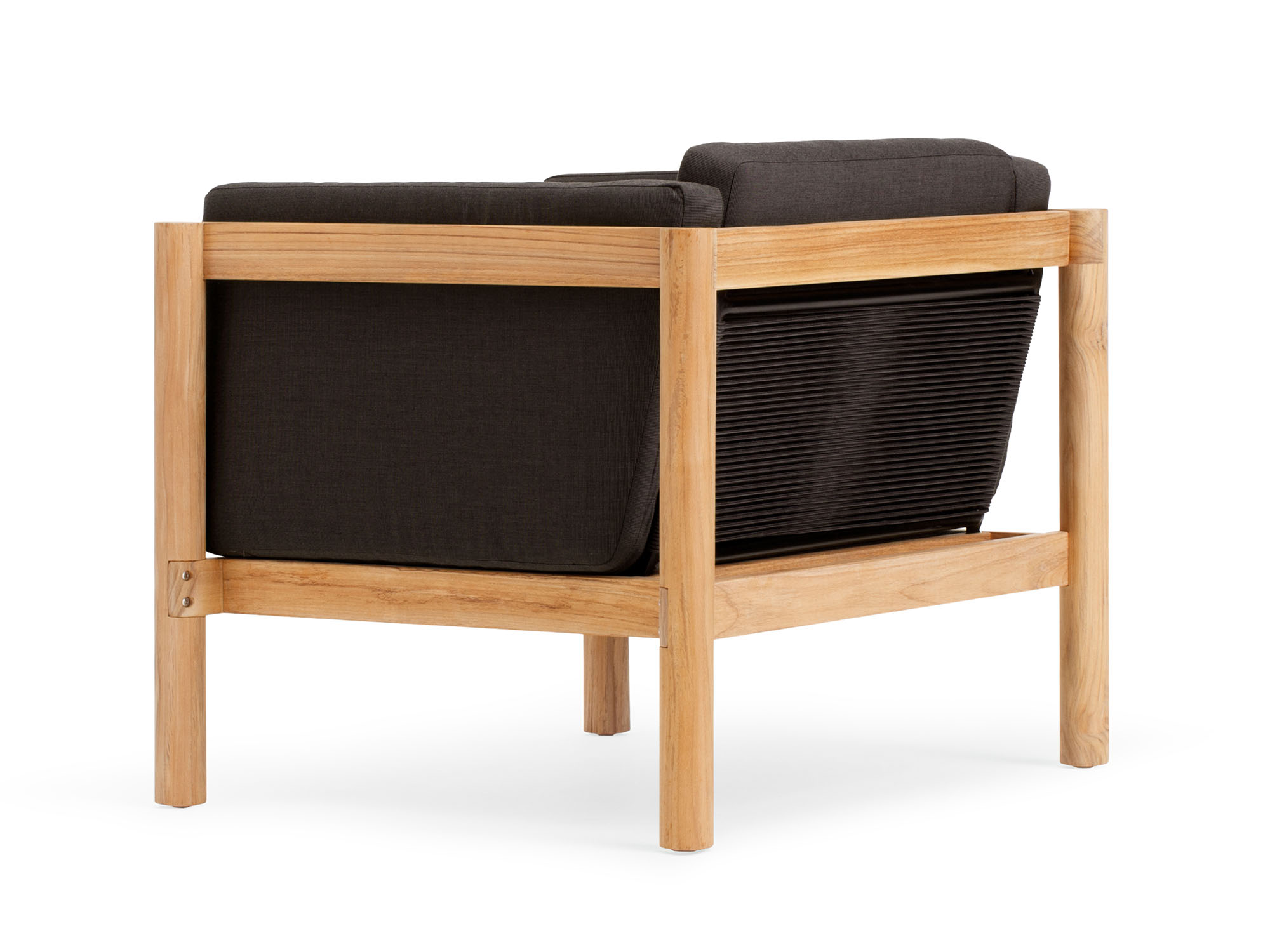 Back view of outdoor chair with black arm cushions and wood legs